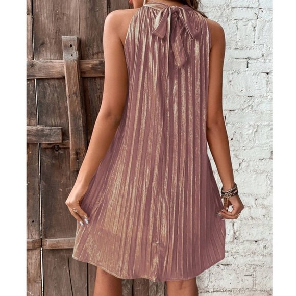 Pleated Halter Neck tied back Mini Dress Dusty Pink Metallic - Picture 3 of 6